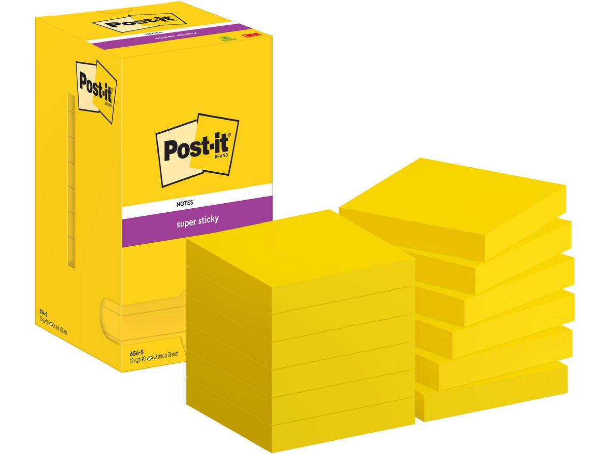 POST-IT Notes Super Sticky 76x76mm 654-S gelb 12x90 Blatt (4064035065652)