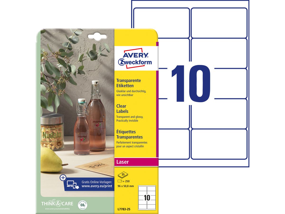 AVERY ZWECKFORM Etichette 96x50,8mm L7783-25 chiaro 250 pezzi (4004182252550)