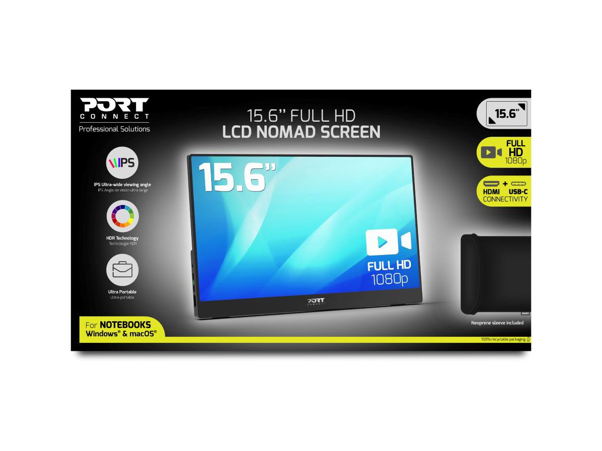 PORT Portable Monitor 15.6, 1080p 902101 Full HD LCD, USB-C, HDMI, (3567049021016)