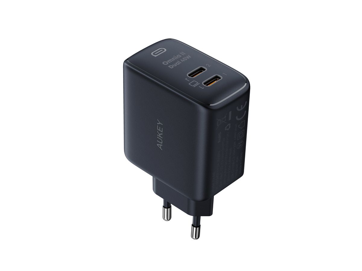 AUKEY Omnia II Dual 45W GaN PD PA-B4T BK 2-Port USB-C Wall Charger B. (0689323787500)