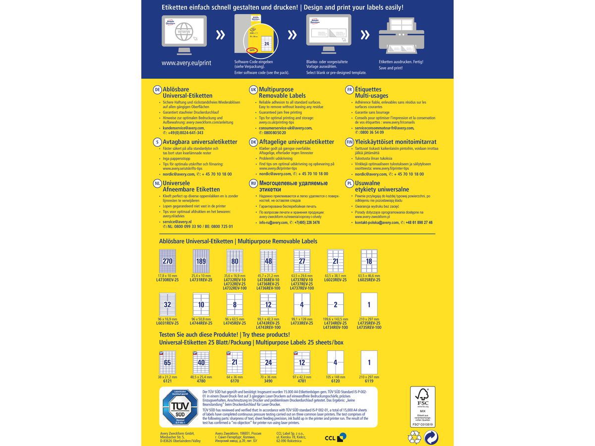 AVERY ZWECKFORM Etichette univers. 99,1x42,3mm L4743REV-100 bianco,non-per. 1200pz./10 fl. (4004182433317)