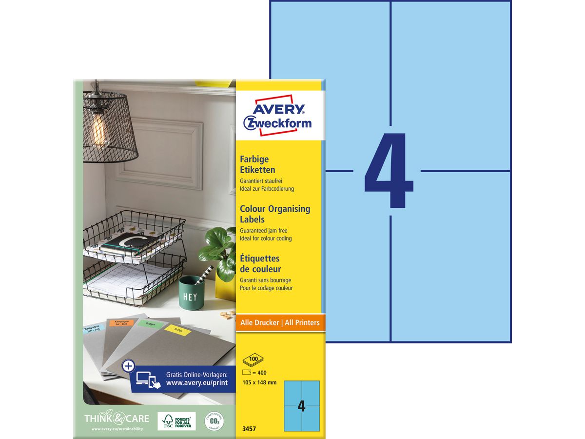 AVERY ZWECKFORM Etichette 105x148mm 3457 Universal, blu 10fogl./4pz (4004182034576)