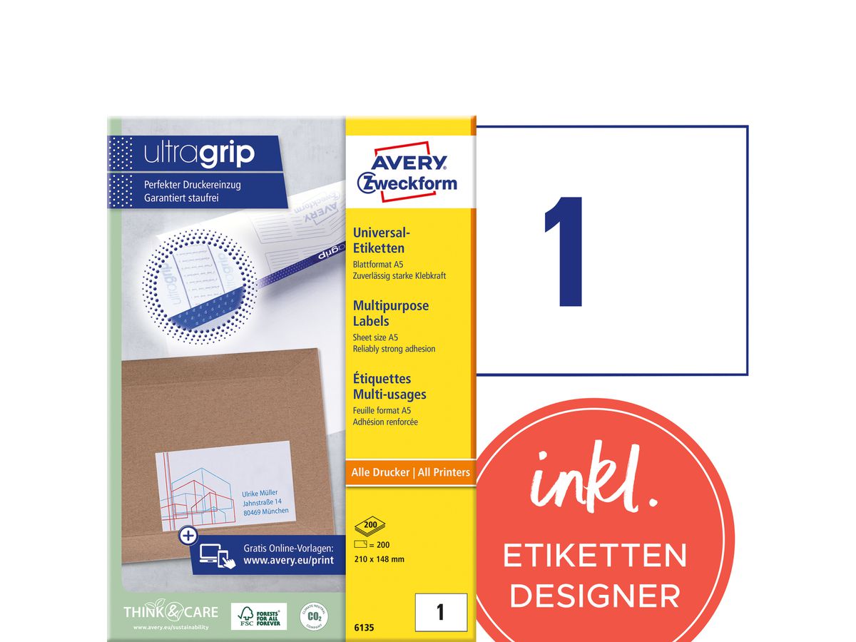 AVERY ZWECKFORM Etichette univers. 210x148mm 6135 bianco 200 pz./200 fogli (4004182061350)