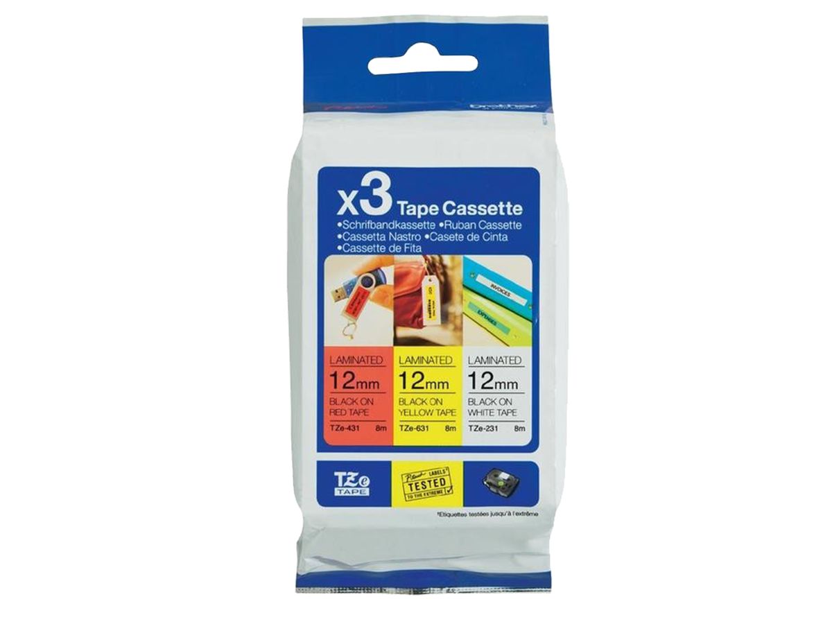 PTOUCH Bänder TZ-231/TZ-431/TZ-631 TZe-31M3 weiss/rot/gelb 12 mm (4977766697989)