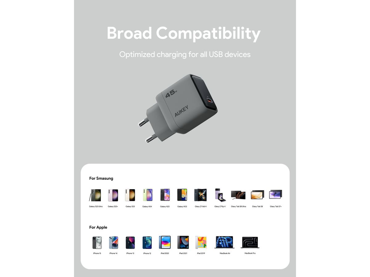 AUKEY Comet 45W GaN PD PA-C2 1-Port, Wall Charger Grey (0689323788187)