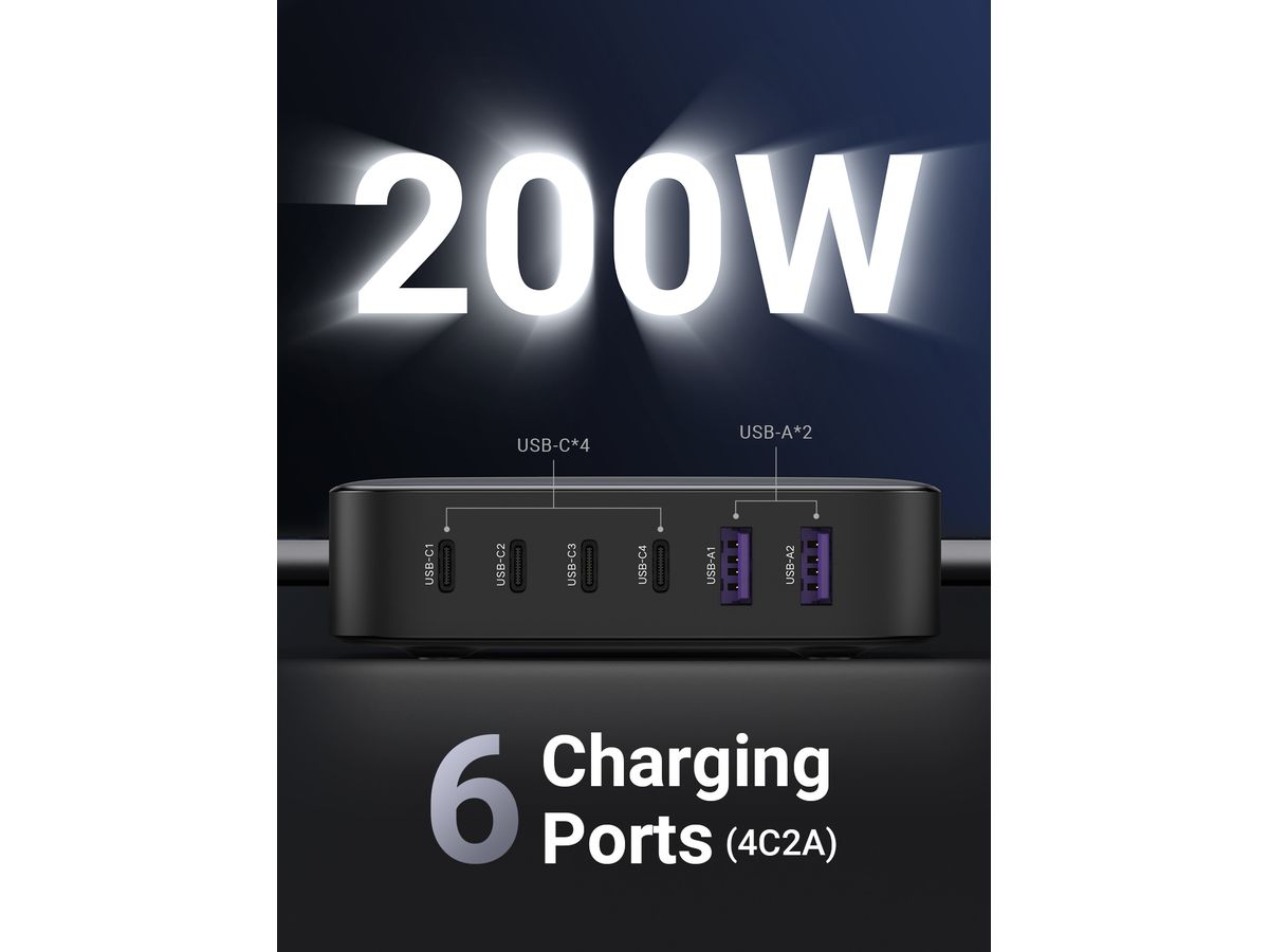 UGREEN USB Desktopcharger Nexode 40914 200W,2xUSB-A+4xUSB-C GaN,Bl. (6957303849147)