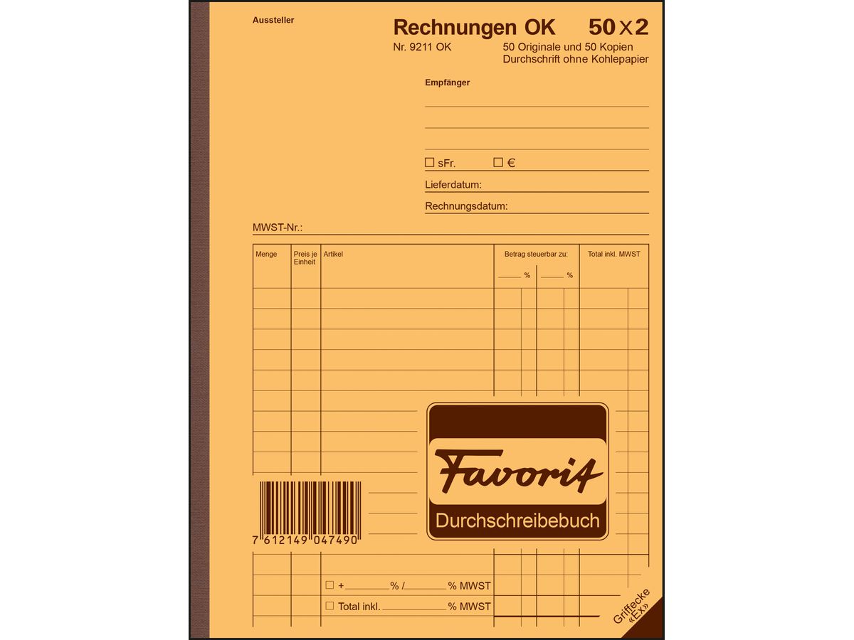 FAVORIT Formularbuch Rechnungen A5 9211 OK Durchschreibepapier 50x2 Blatt (7612149047490)