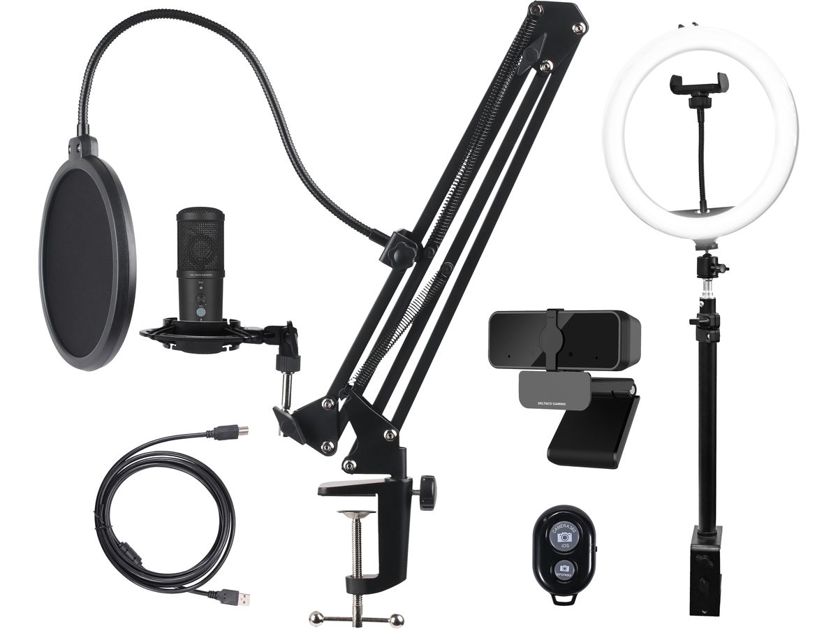 DELTACO Streaming Kit GAM-170 Webcam,Ring Light,Microphone (7333048059970)