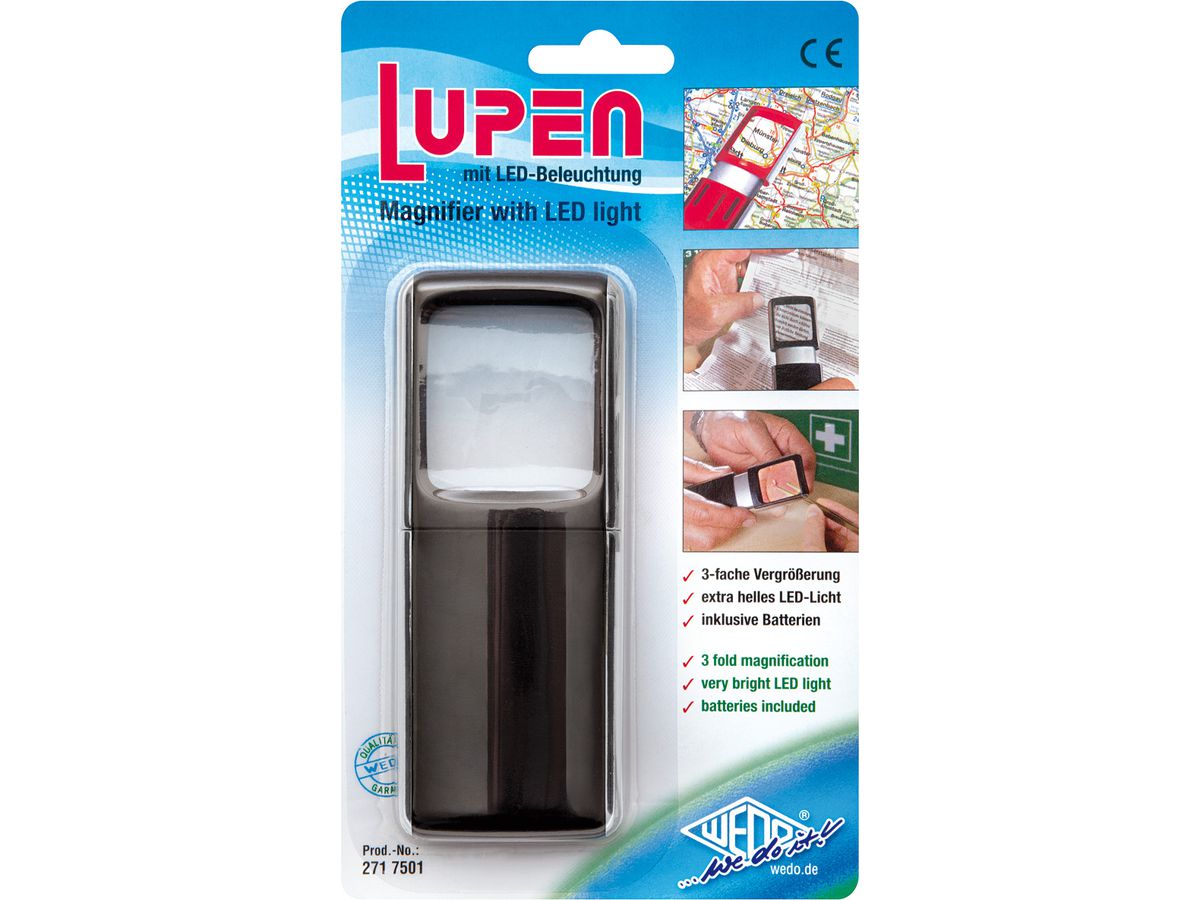 WEDO Rechtecklupe mit LED-Licht 2717501 schwarz Blister (4003801794037)