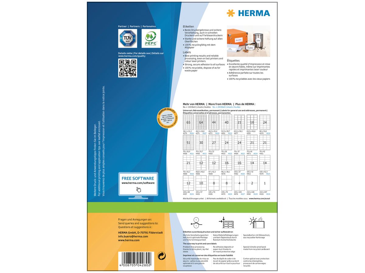 HERMA Etichette PREMIUM 97x67.7mm 4280 bianco,perm. 800 pz./100 fogli (4008705042802)