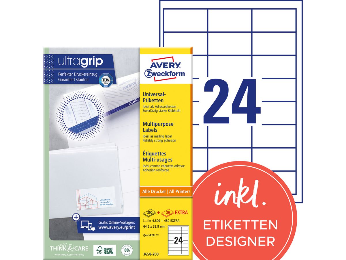 AVERY ZWECKFORM Etichette 64,6x33,8mm 3658-200 bianco 5280 pz./200+20 fogli (4004182249499)