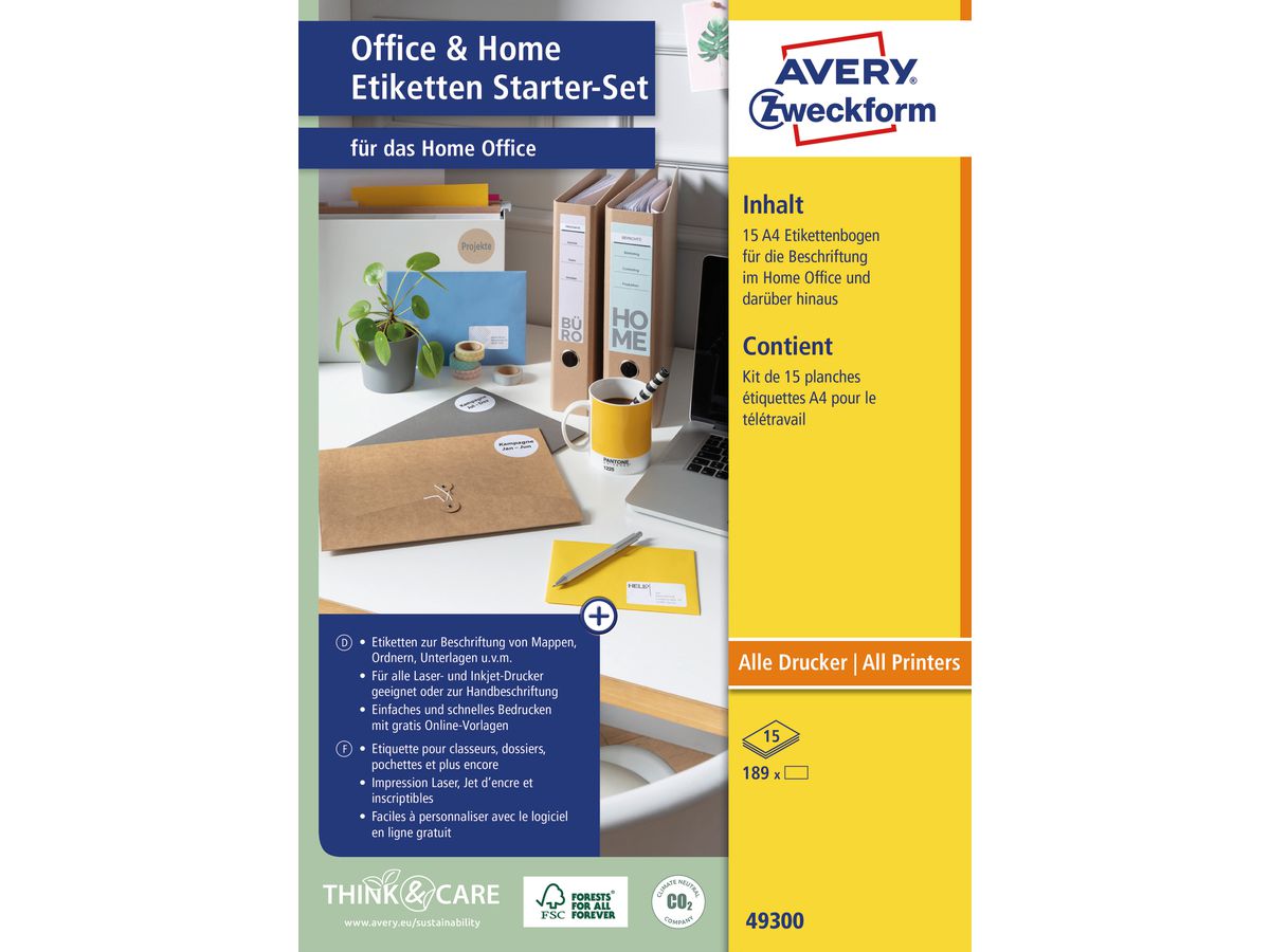 AVERY ZWECKFORM Etiketten Starter-Set 49300 ass., perm. 15 Blatt (4004182493007)