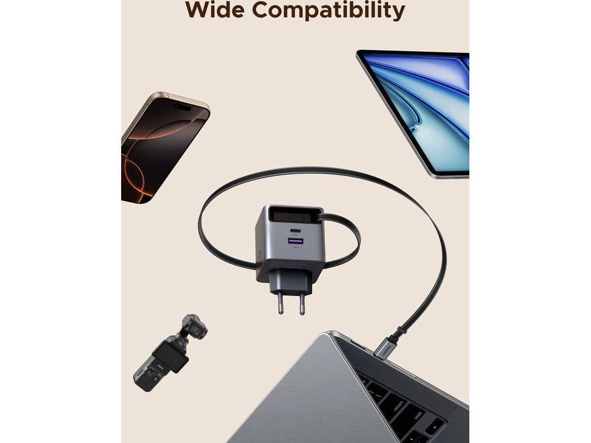 UGREEN Fast Charger 2-Port 45W GaN 65822 Retractable Cable (6941876268221)