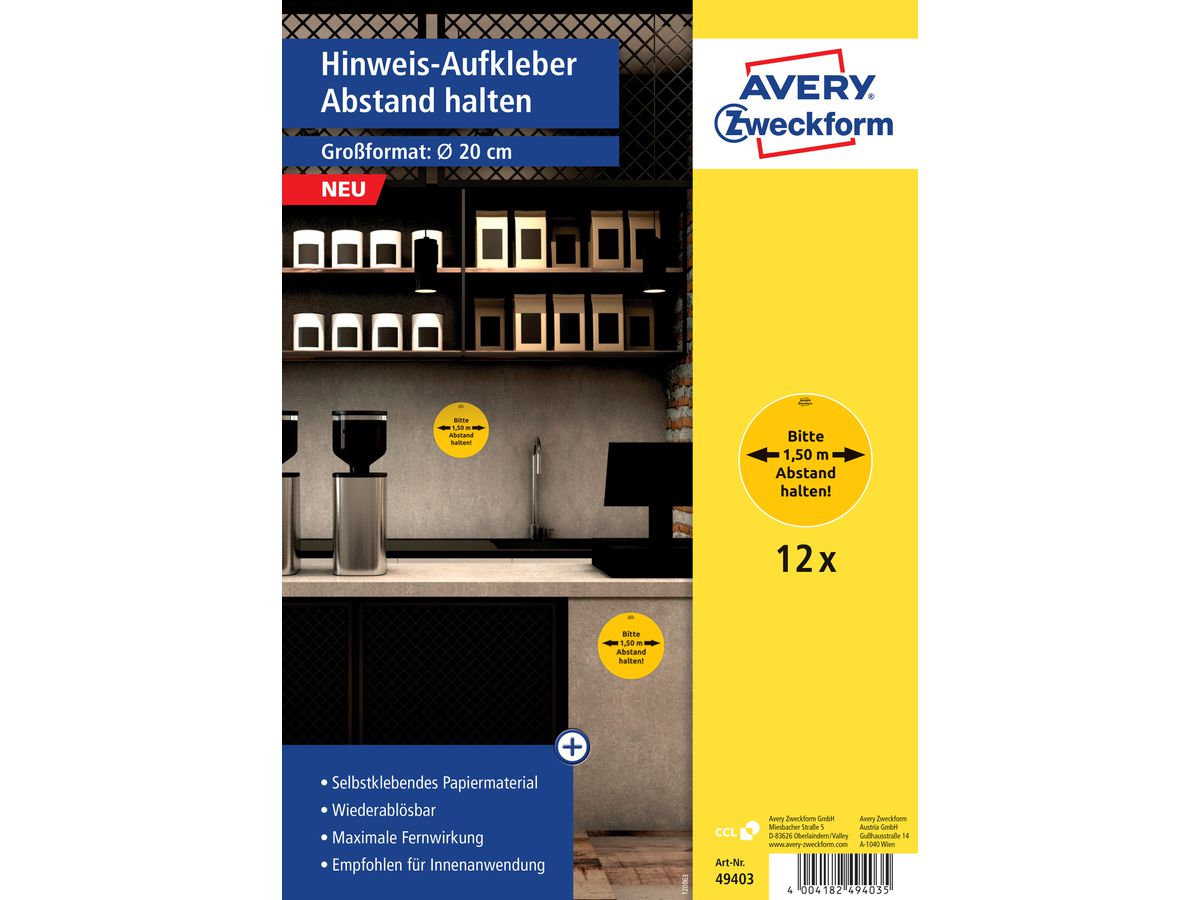 AVERY ZWECKFORM Hinweis-Aufkleber DE 20cm 49403 Abstand halten 12 Stück (4004182494035)