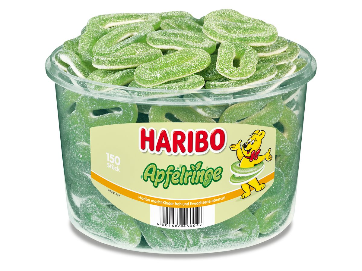 HARIBO Saure Apfelringe 100082 Dose 1200g, 150 Stk. (4001686460047)