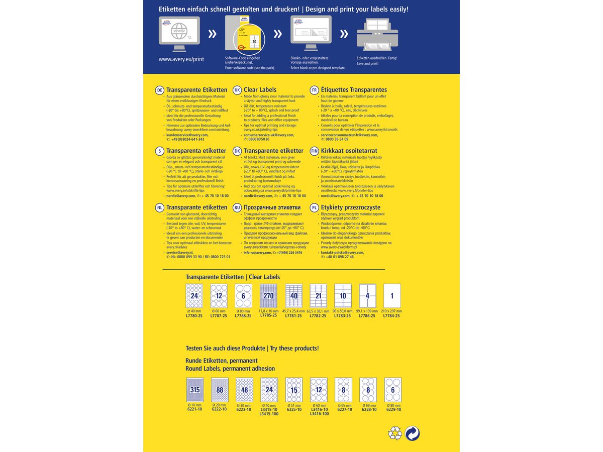 AVERY ZWECKFORM Etichette 63,5x38,1mm L7782-25 trasparente 525 pezzi (4004182252543)