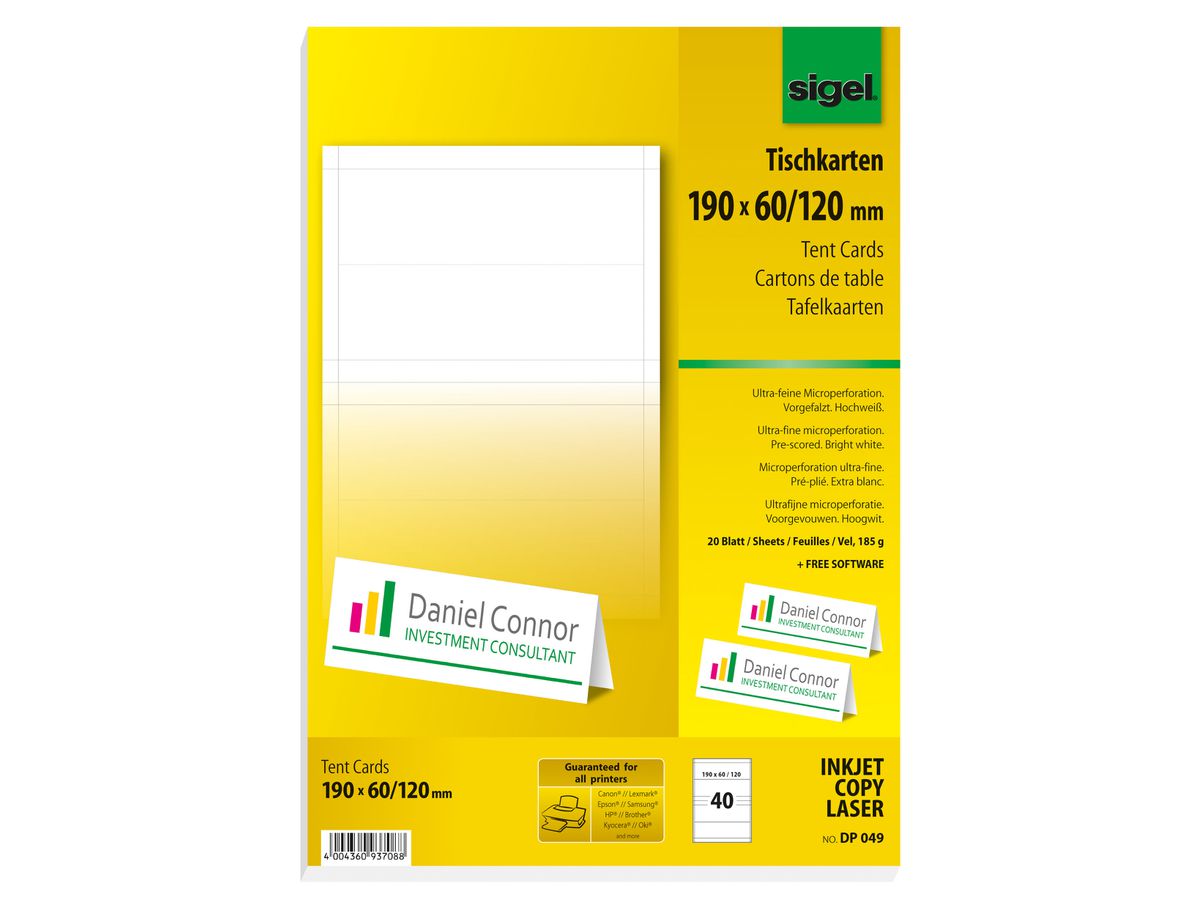 SIGEL Tischkarten 190x60mm DP049 weiss, 185g 40 Stück (4004360937088)