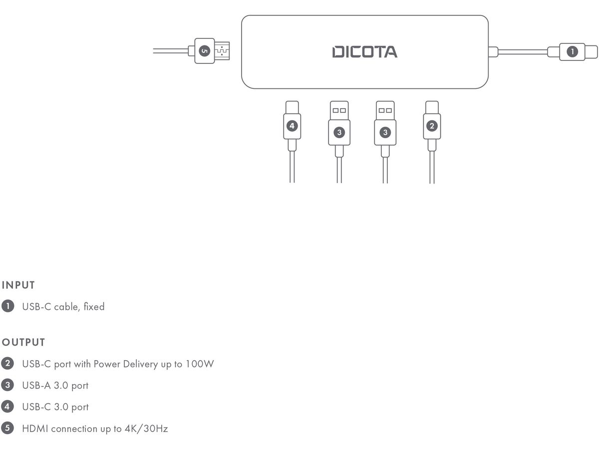 DICOTA USB-C 5-in-1 Video Hub D32060 4K PD 100W (7640239421370)