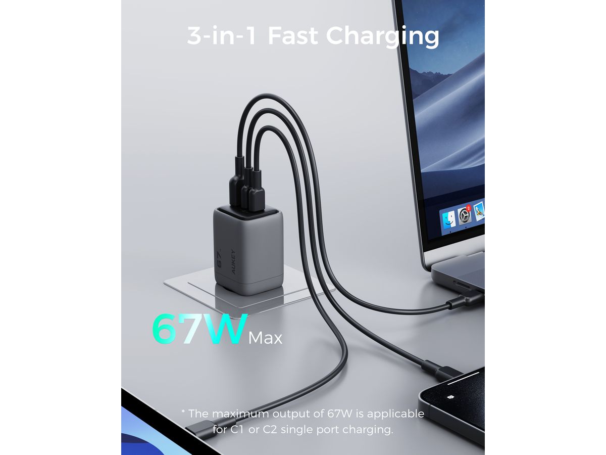 AUKEY Comet Mix 67W GaN PD PA-C3 3-Port, Wall Charger Grey (0689323788194)