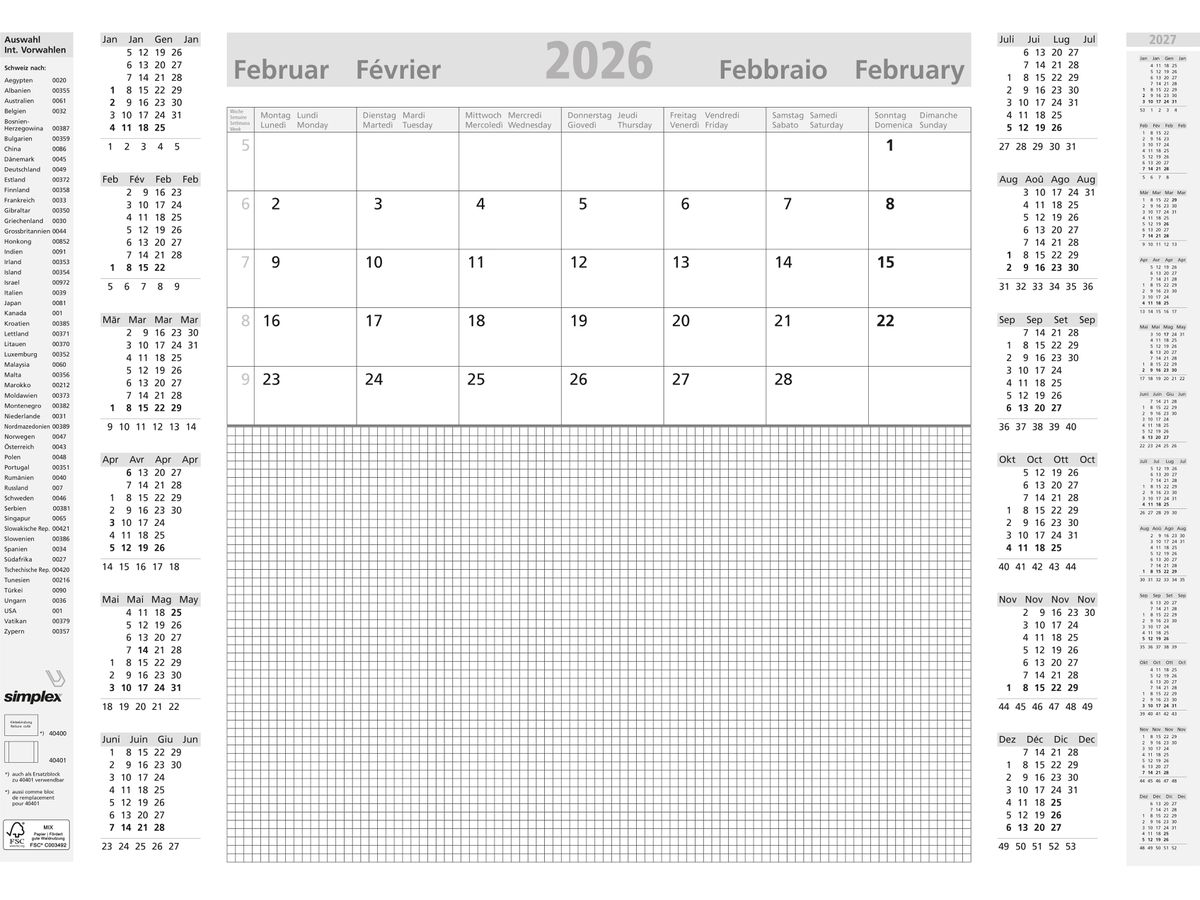 SIMPLEX Sous-main 2026 40401.26 12M gris clair ML A2 (7611468041226)