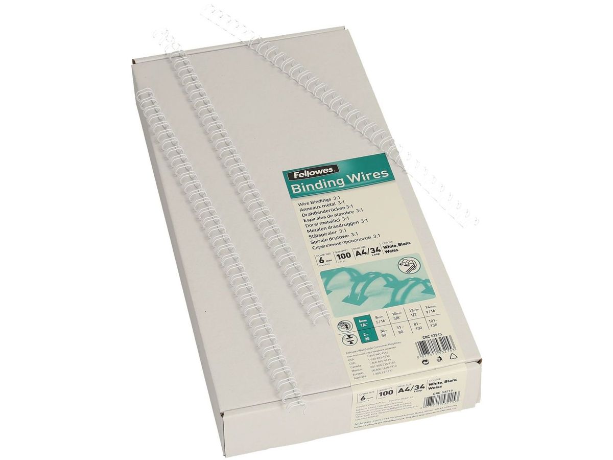 FELLOWES Drahtbinderücken 6mm 53215 weiss 100 Stück (0077511532153)