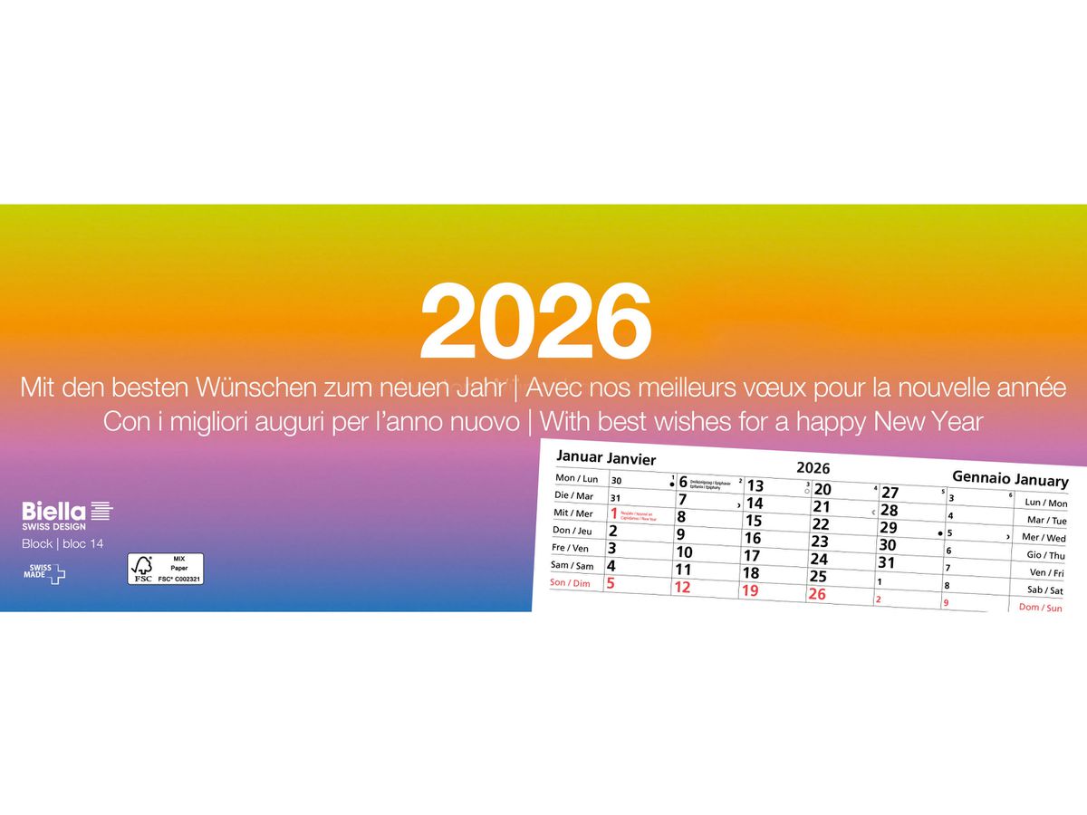 BIELLA Abreissblock Nr.14 2026 889014000026U 1M/1S mehrfarbig ML 24x9cm (7611365528066)