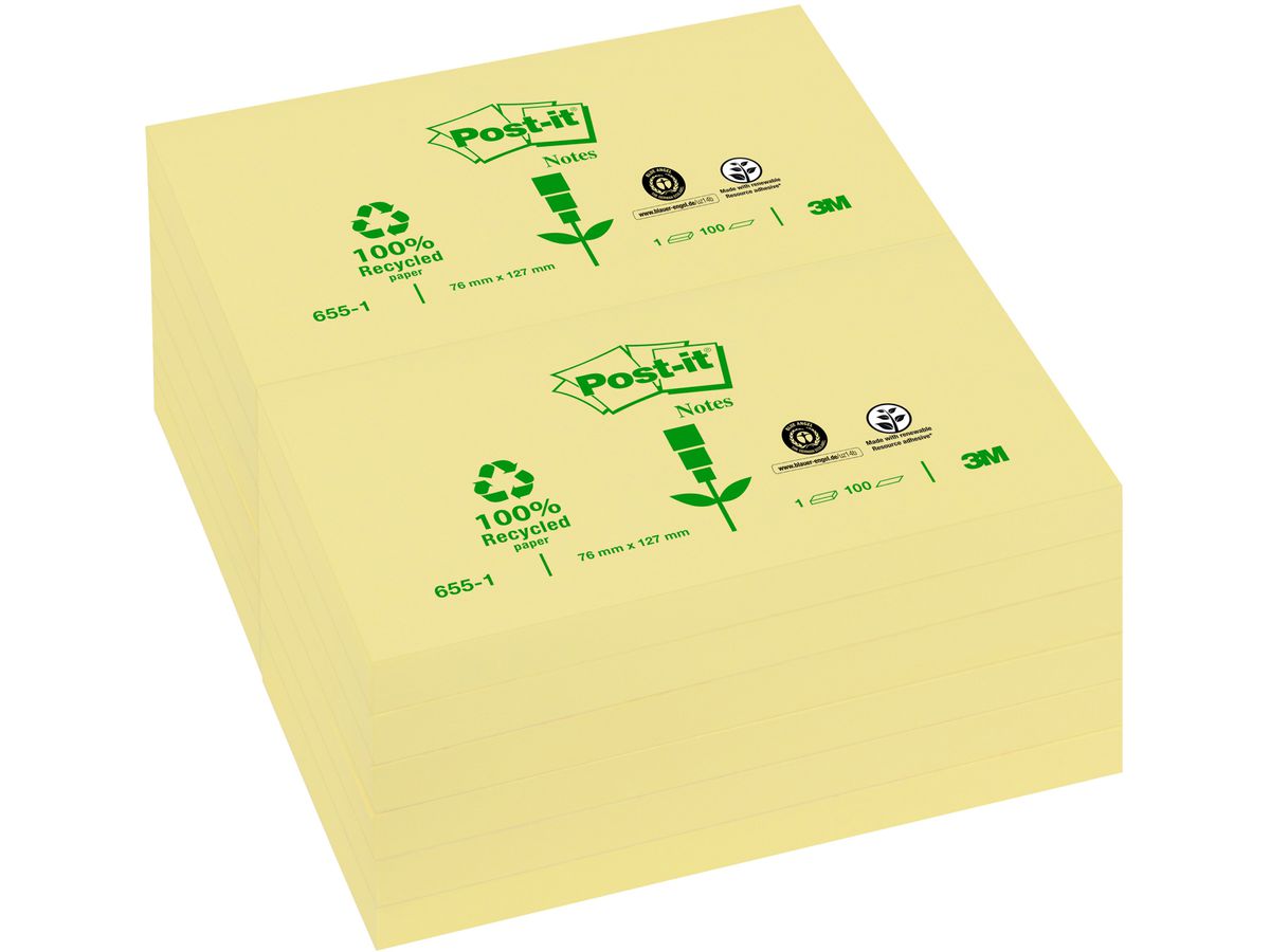 POST-IT Haftnotizen Recycling 127x76mm 655-1 gelb, 100 Blatt (4054596722750)