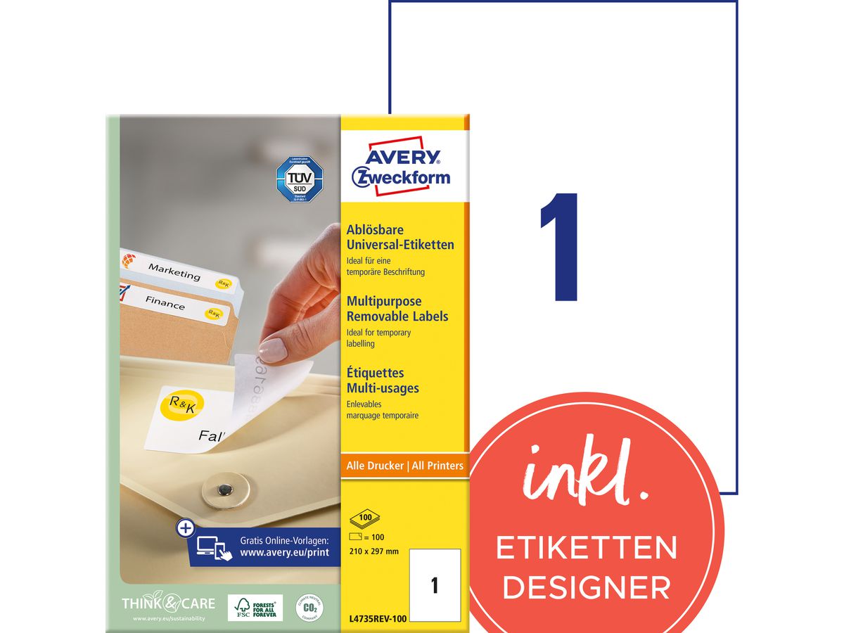AVERY ZWECKFORM Etichette univers. 210x297mm L4735REV-100 bianco,non-perm. 100pz./100fl. (4004182433331)