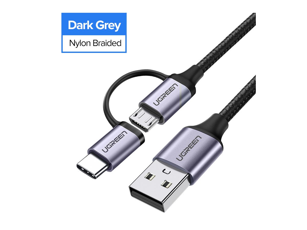 UGREEN Cable USB-A-MicroUSB+USB-C 30875 1m, Black (6957303838752)