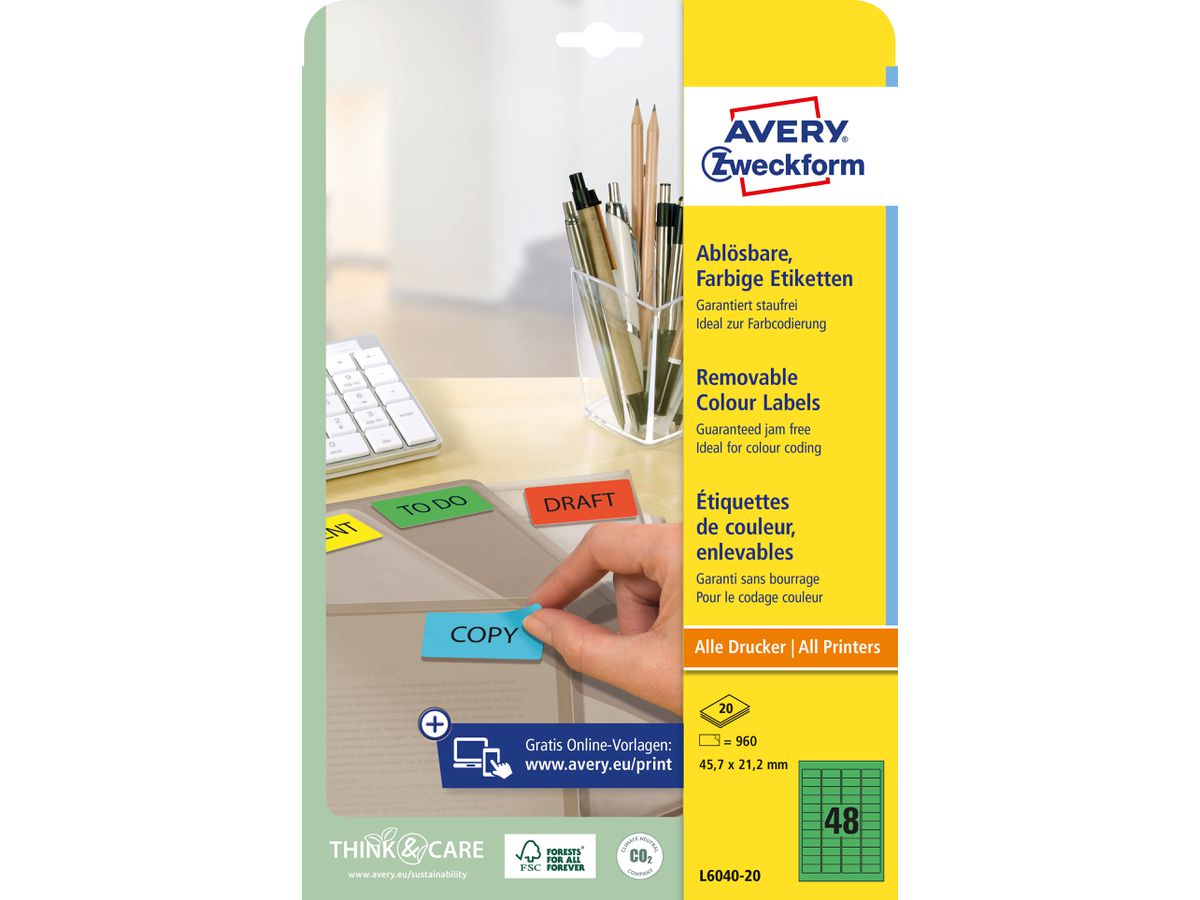 AVERY ZWECKFORM Étiquettes 45,7x21,2mm L6040-20 vert 960pcs./20fl. (4004182060407)
