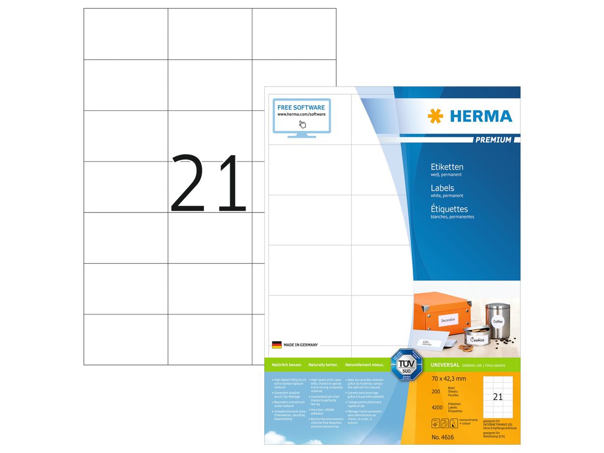 HERMA Universal-Etiketten 70x42,3mm 4616 weiss 4200 St./200 Blatt (4008705046169)