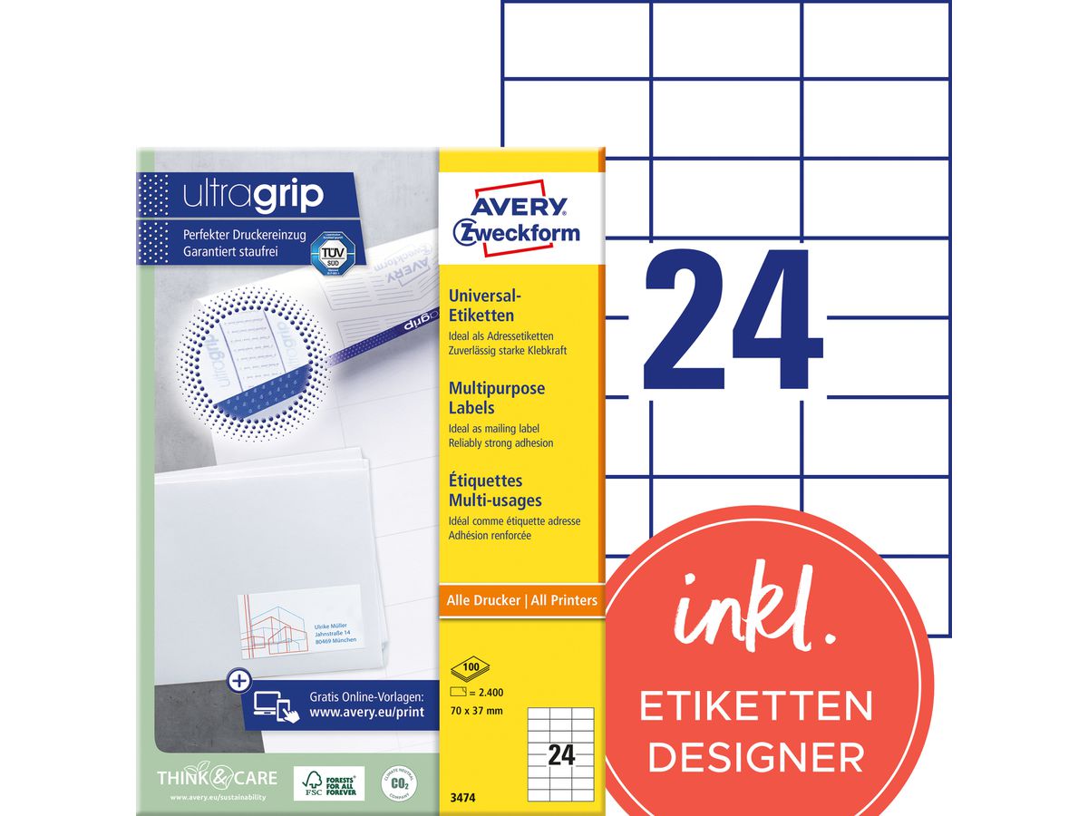 AVERY ZWECKFORM Etiketten 70x37mm 3474 weiss 2400 Stk./100 Blatt (4004182034743)