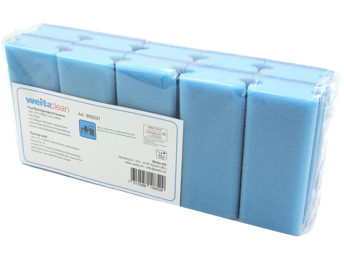 WEITACLEAN Éponge pad 150x70x43mm 5028028 bleu, grattant 10 pièces (7610588108529)