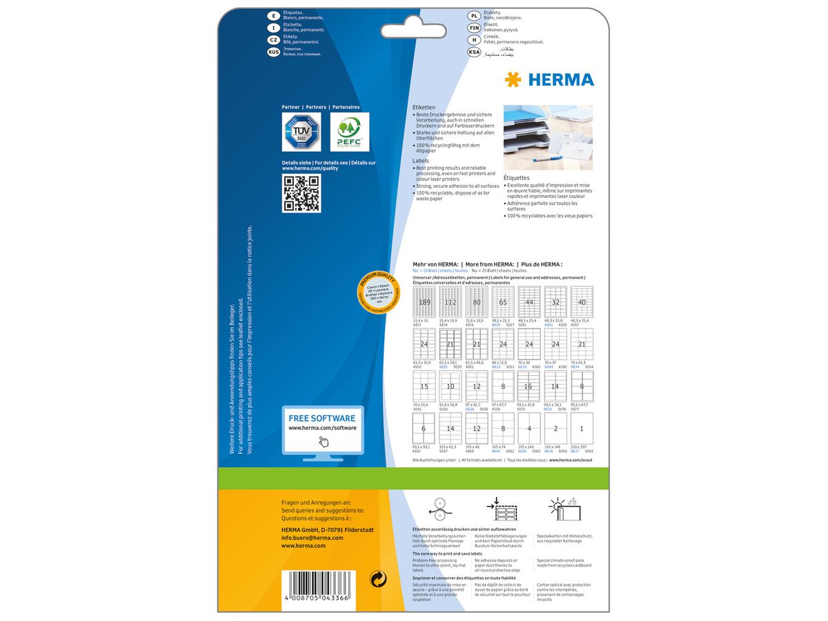 HERMA Etichette PREMIUM 35.6x16.9mm 4336 bianco,perm. 2000 pz./25 fogli (4008705043366)