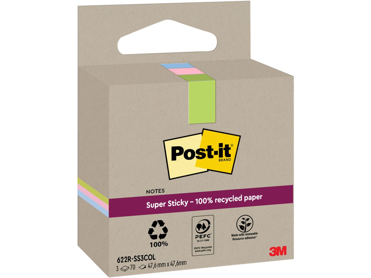 POST-IT SuperSticky Notes 47.6x47.6mm 622 RSS3COL Recycling,assort. 3x70 fogli (4064035059958)