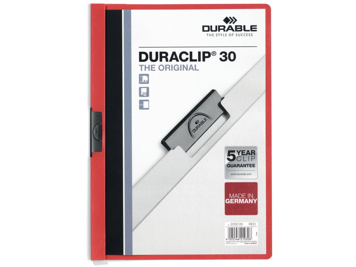 DURABLE Classeur à pince DURACLIP 30 220003 pour 30 feuilles A4 rouge (4005546210308)